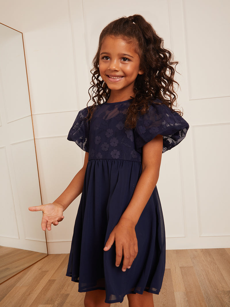 Younger Girls Puff Sleeve Midi Dress in Navy