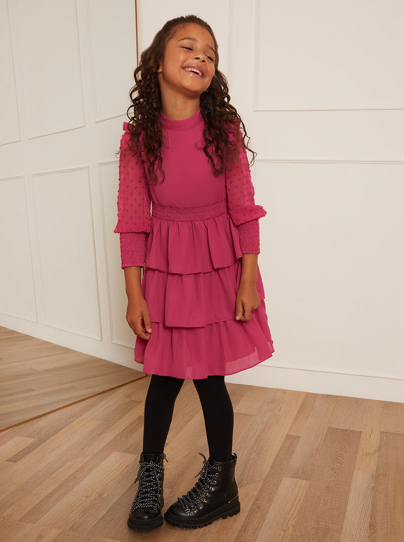 Younger Girls Long Sleeve Tiered Midi Dress in Pink