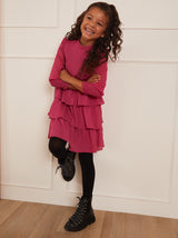 Younger Girls Long Sleeve Tiered Midi Dress in Pink