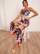 Front Knot Detail Floral Print Jumpsuit in Navy