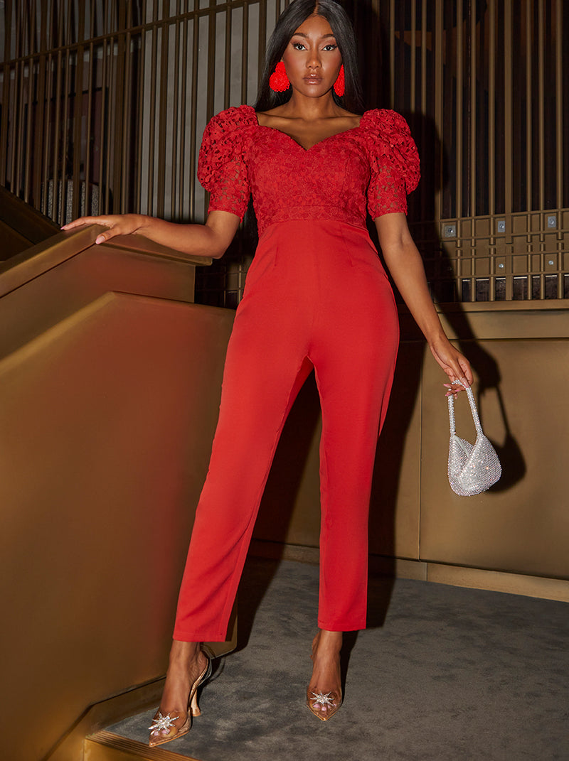 Puff Sleeve Premium Lace Jumpsuit in Red