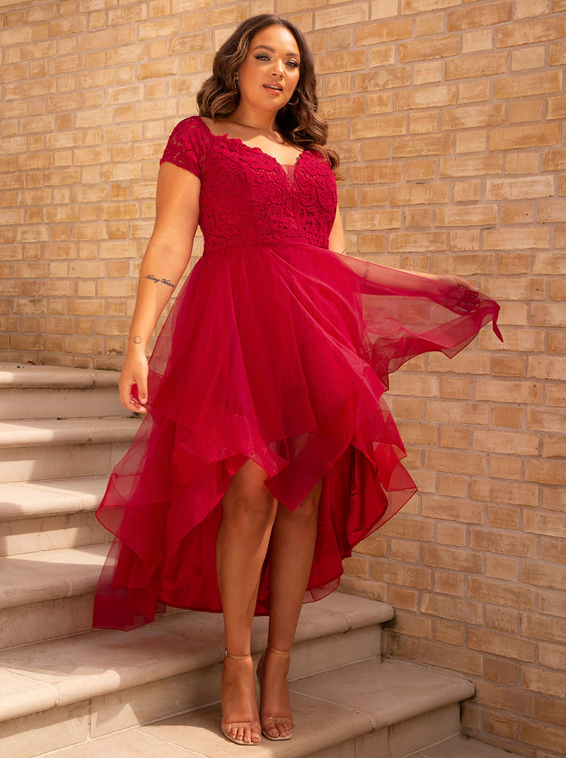 Plus Size Bardot Premium Lace Dip Hem Dress in Red