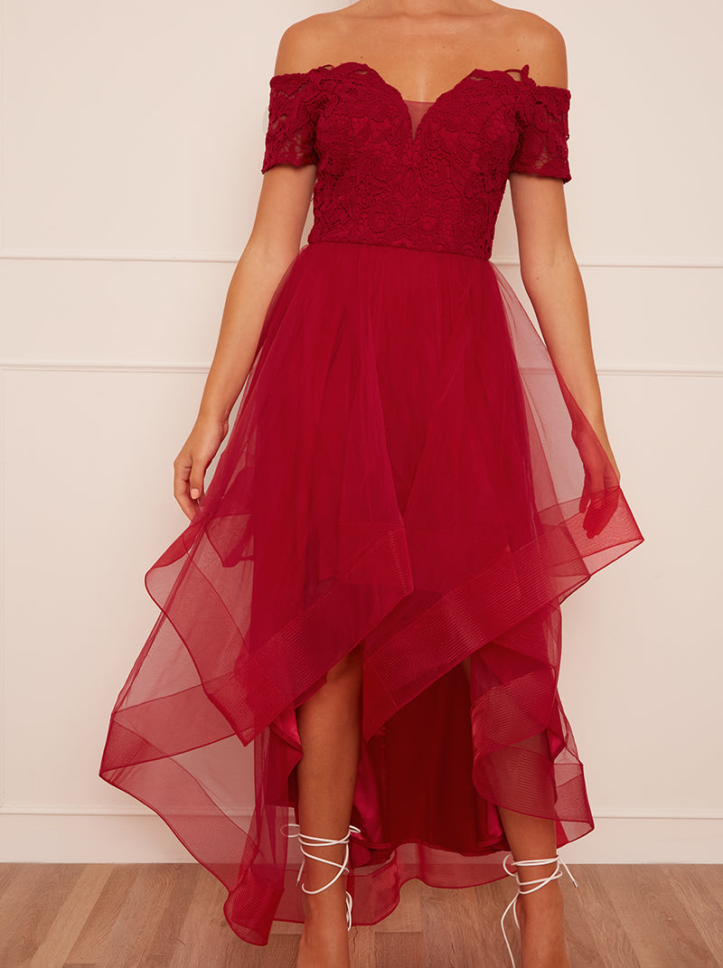 Bardot Premium Lace Dip Hem Dress in Red