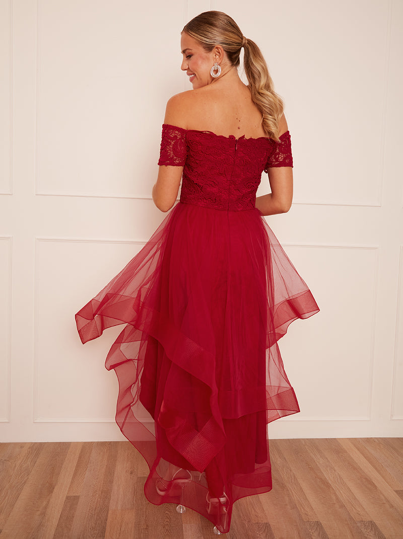 Bardot Premium Lace Dip Hem Dress in Red