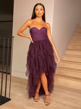 Bandeau Tulle Dip Hem Dress in Purple
