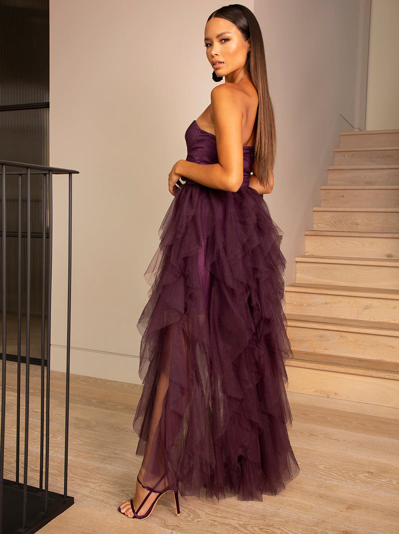 Bandeau Tulle Dip Hem Dress in Purple