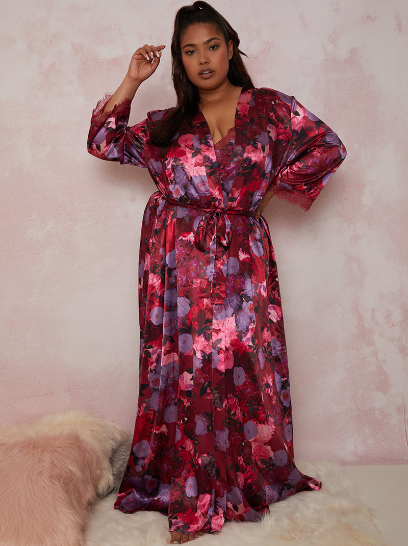 Plus Size Maxi Length Floral Robe In Burgundy
