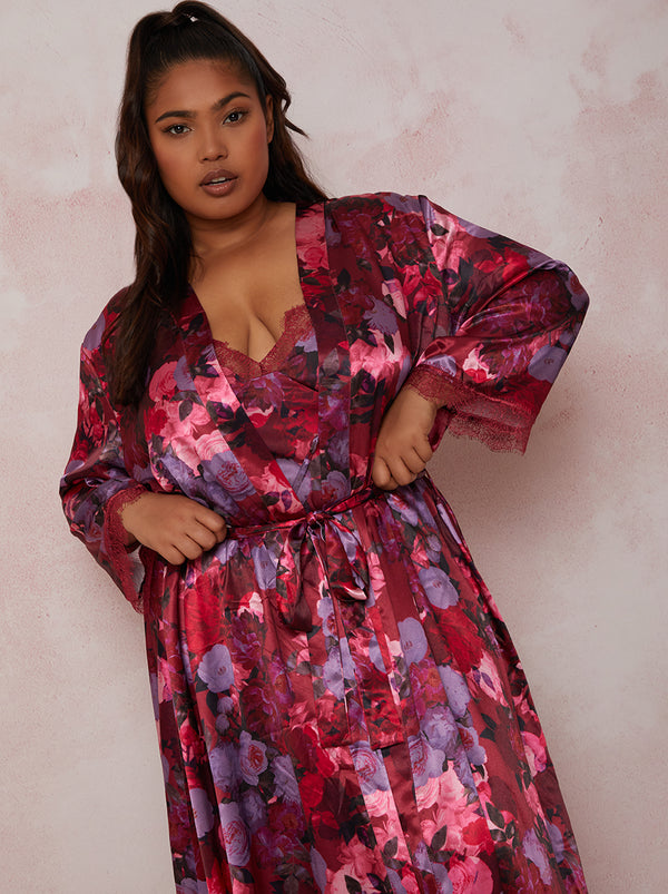 Plus Size Maxi Length Floral Robe In Burgundy
