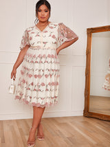 Plus Size V Neck Floral Embroidered Lace Midi Dress in Pink