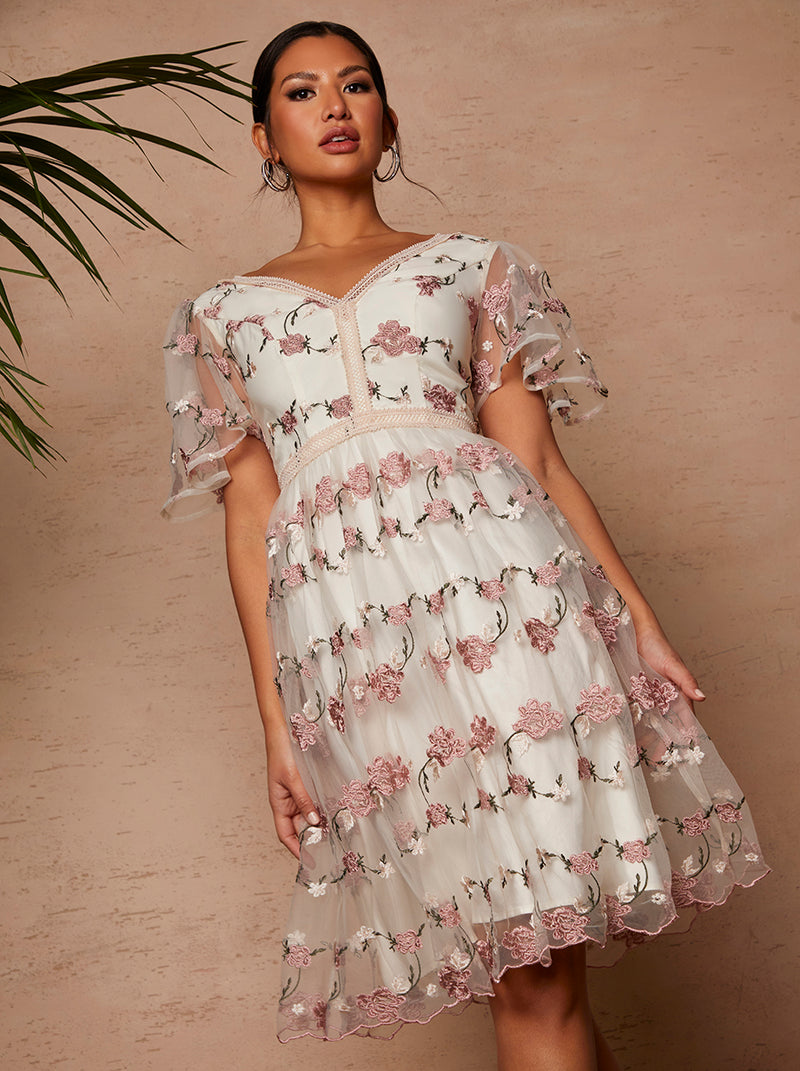 V Neck Floral Embroidered Lace Midi Dress in Pink