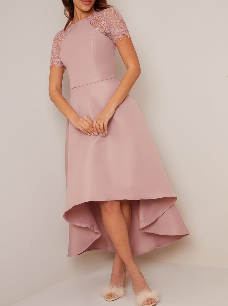 Lace Sleeve Dip Hem Dress in Pink