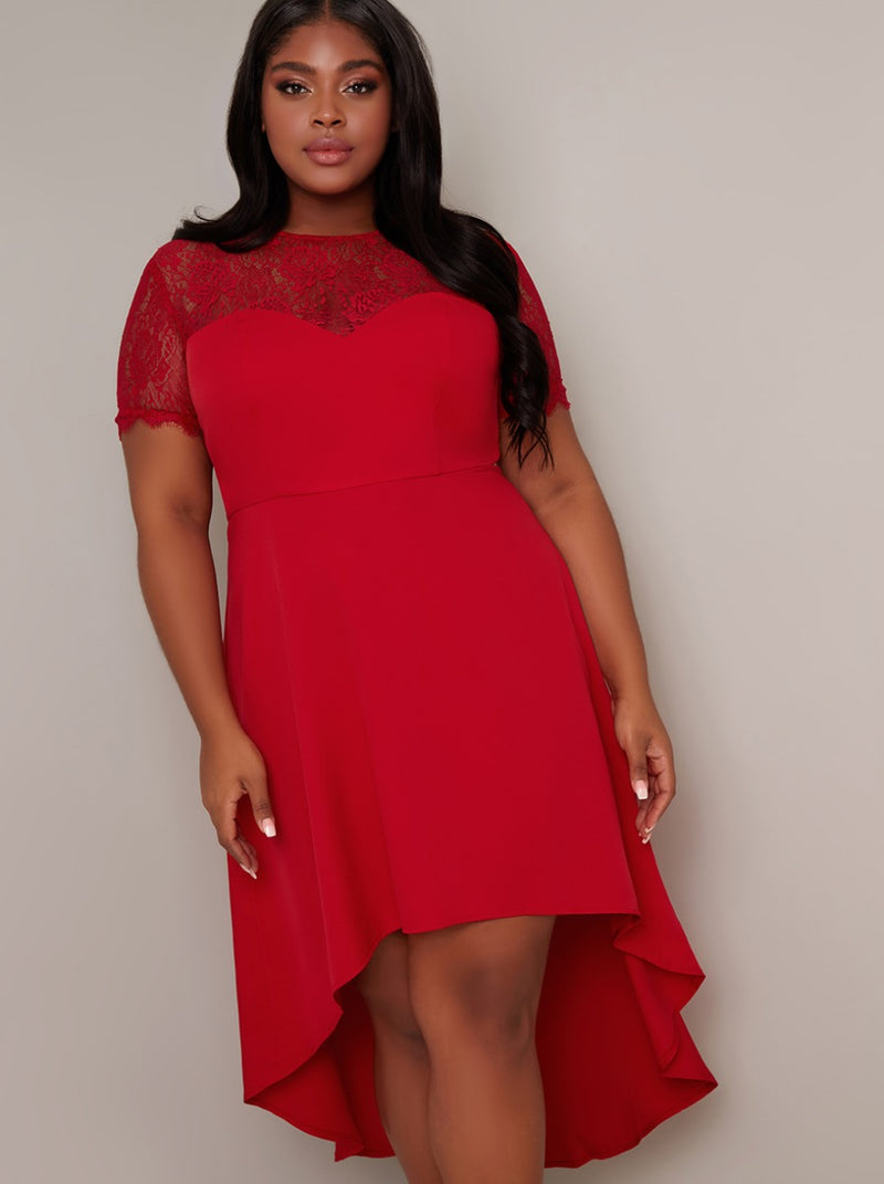 Plus Size Lace Sweatheart Dip Hem Midi Dress in Red – Chi Chi London