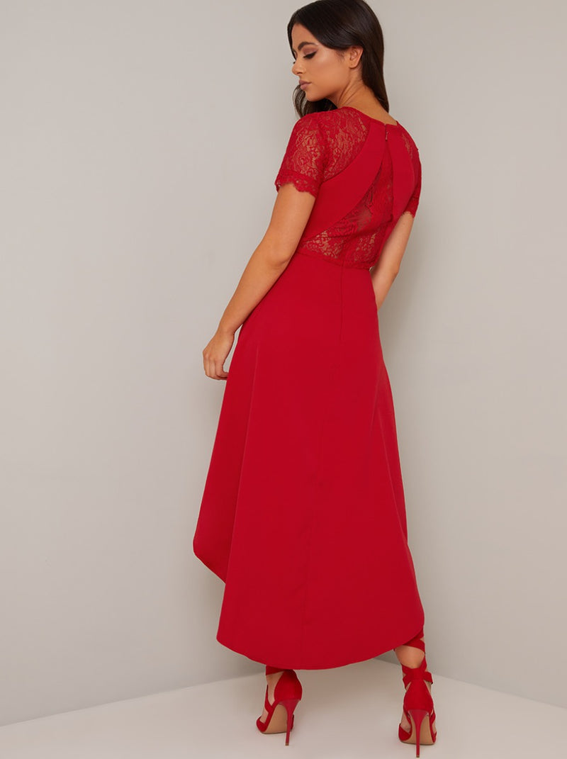 Petite Lace Bodice Sweetheart Dip Hem Midi Dress in Red