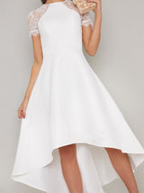 Sheer Lace Bodice Dip Hem Midi Dress in White