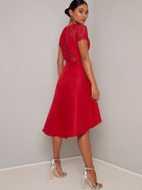 Petite Sheer Lace Sweetheart Dip Hem Midi Dress in Red