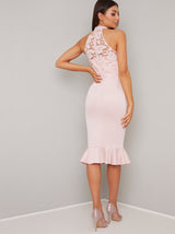 Premium Lace High Neck Bodycon Dress in Pink