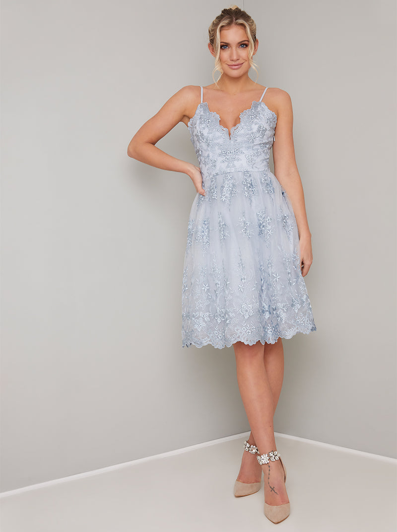 Lace Embroidered Cami Midi Dress in Blue