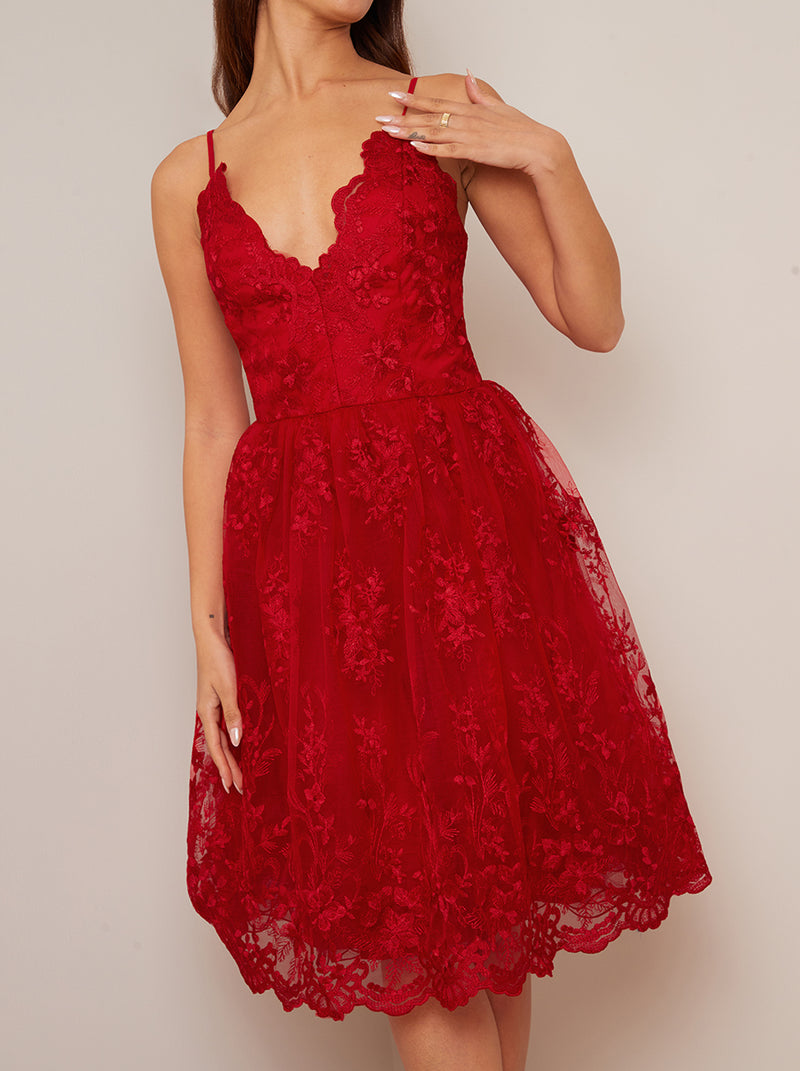 Lace Embroidered Cami Midi Dress in Red
