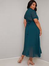 Plus Size Short Sleeved Belted Midi Dress in Green