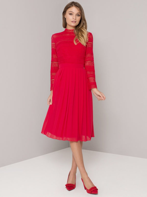 High Neck Long Sleeved Crochet Pleat Midi Dress in Red