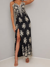 Cami Strap Lace Thigh Split Maxi Dress In Black