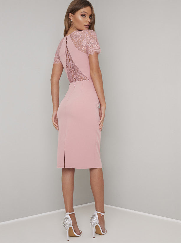 Sheer Lace Detail Bodycon Midi Dress in Pink