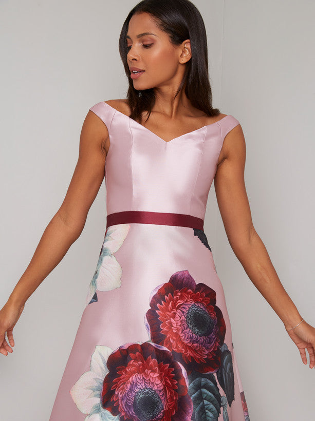 Digital Print Floral Dip Hem Midi Dress in Pink