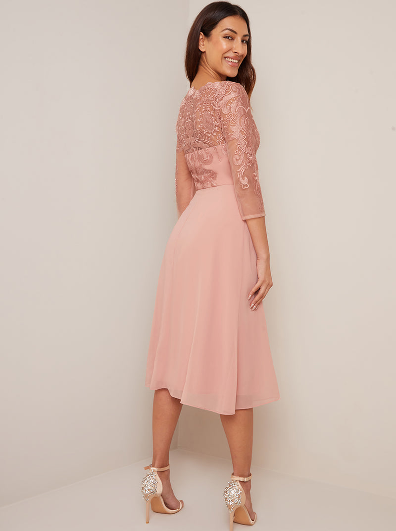 Lace Bodice Skater Dress in Pink