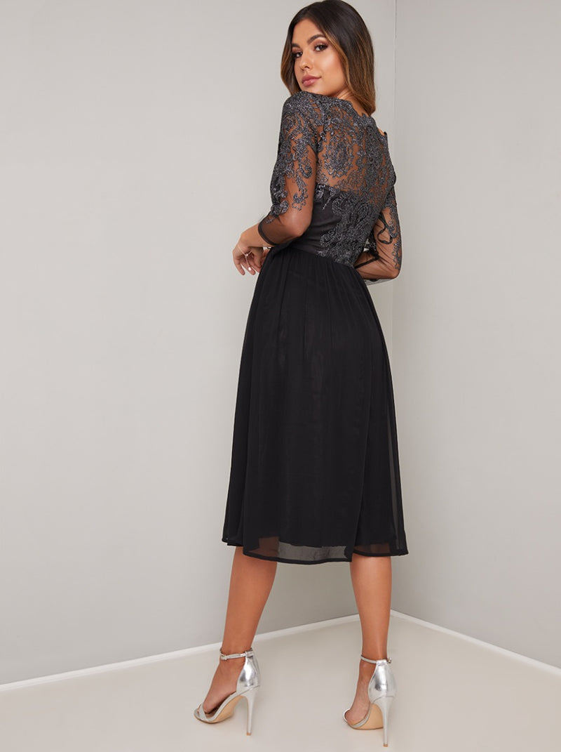 Midi Dress with Baroque Style Lace Design in Black