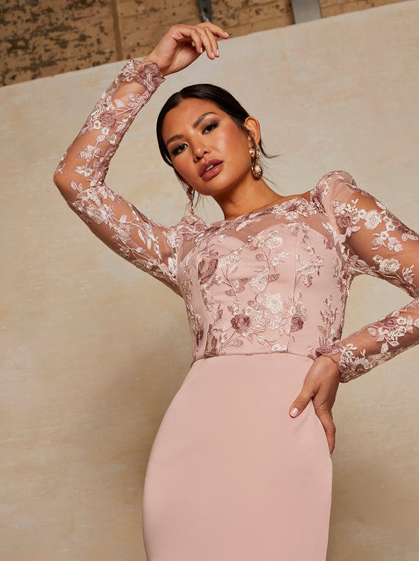 Peplum Embroidered Lace Bodycon Dress in Pink