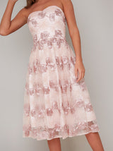 Embroidered Floral Bandeau Midi Dress in Pink