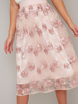Floral Overlay Embroidered Midi Skirt in Pink