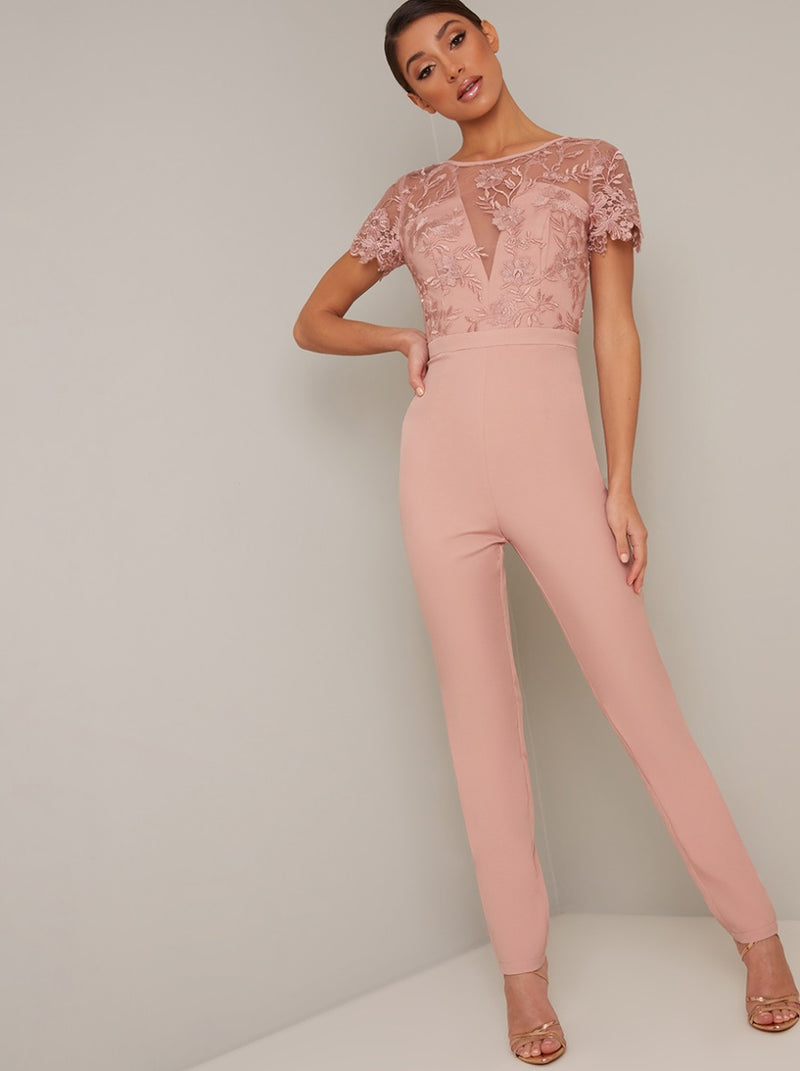 Embroidered Open Back Straight Leg Lumpsuit in Pink