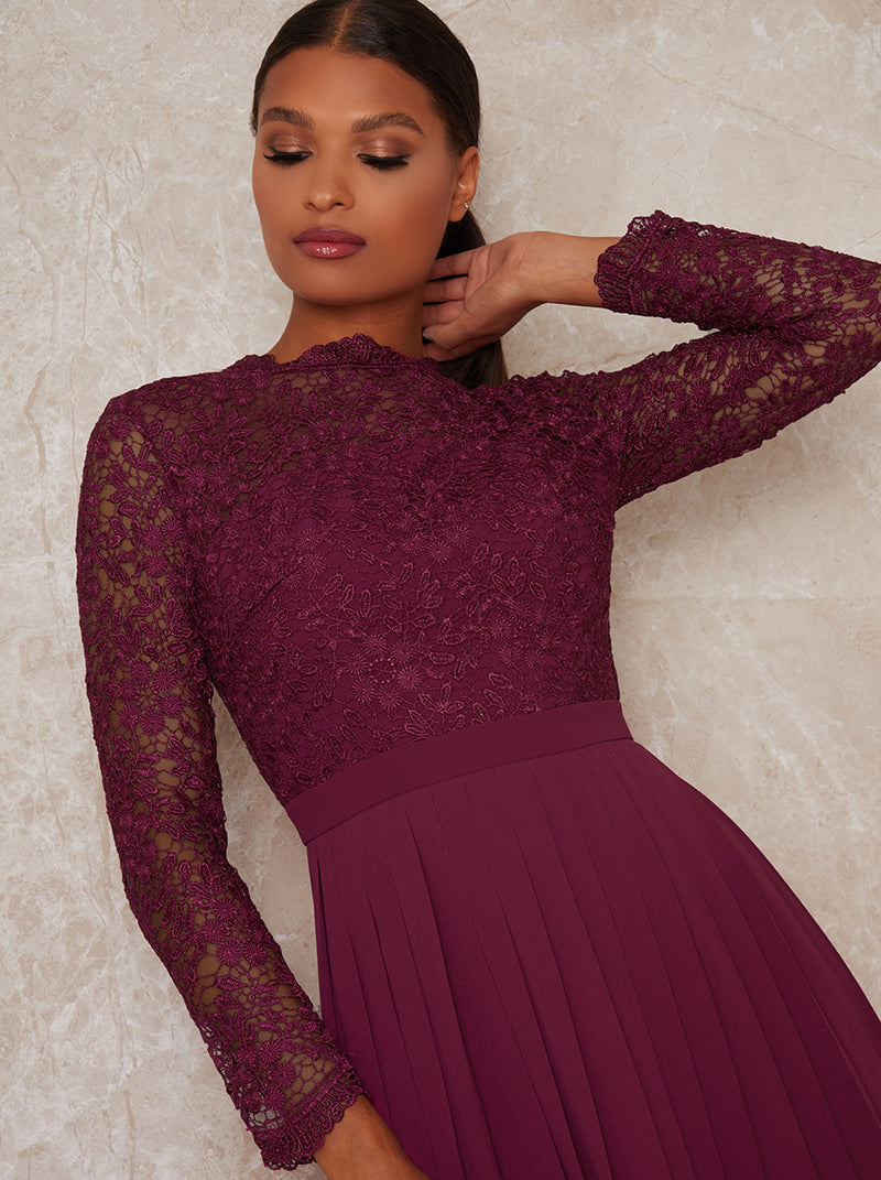 High Neck Lace Long Sleeve Midi Dress in Red