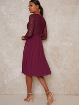 High Neck Lace Long Sleeve Midi Dress in Purple