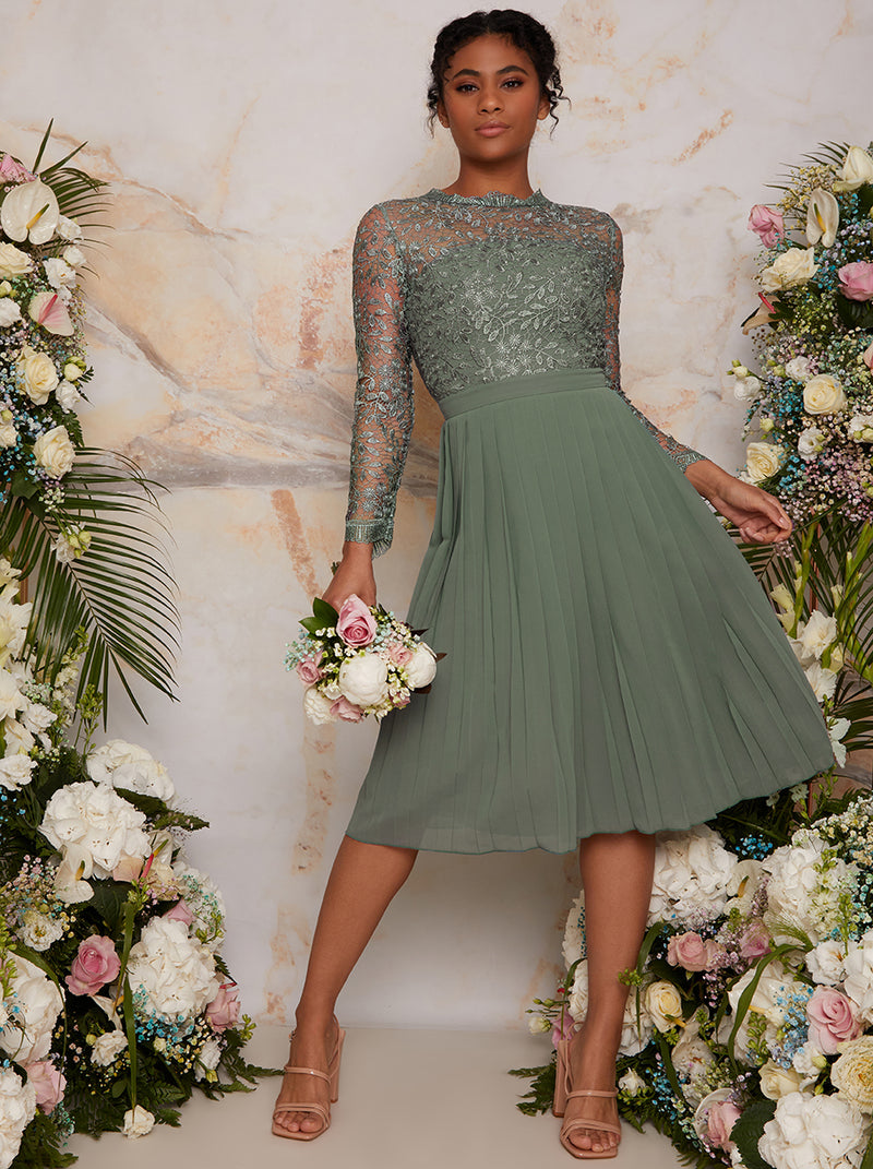 High Neck lace long Sleeve Midi Dress in Green – Chi Chi London