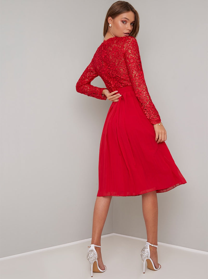 Lace Bodice Long Sleeve Midi Dress in Red
