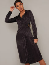 Wrap Style Long Sleeved Midi Dress in Black
