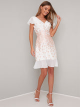 Floral Jaquard Midi Dress with Cap Sleeves in White