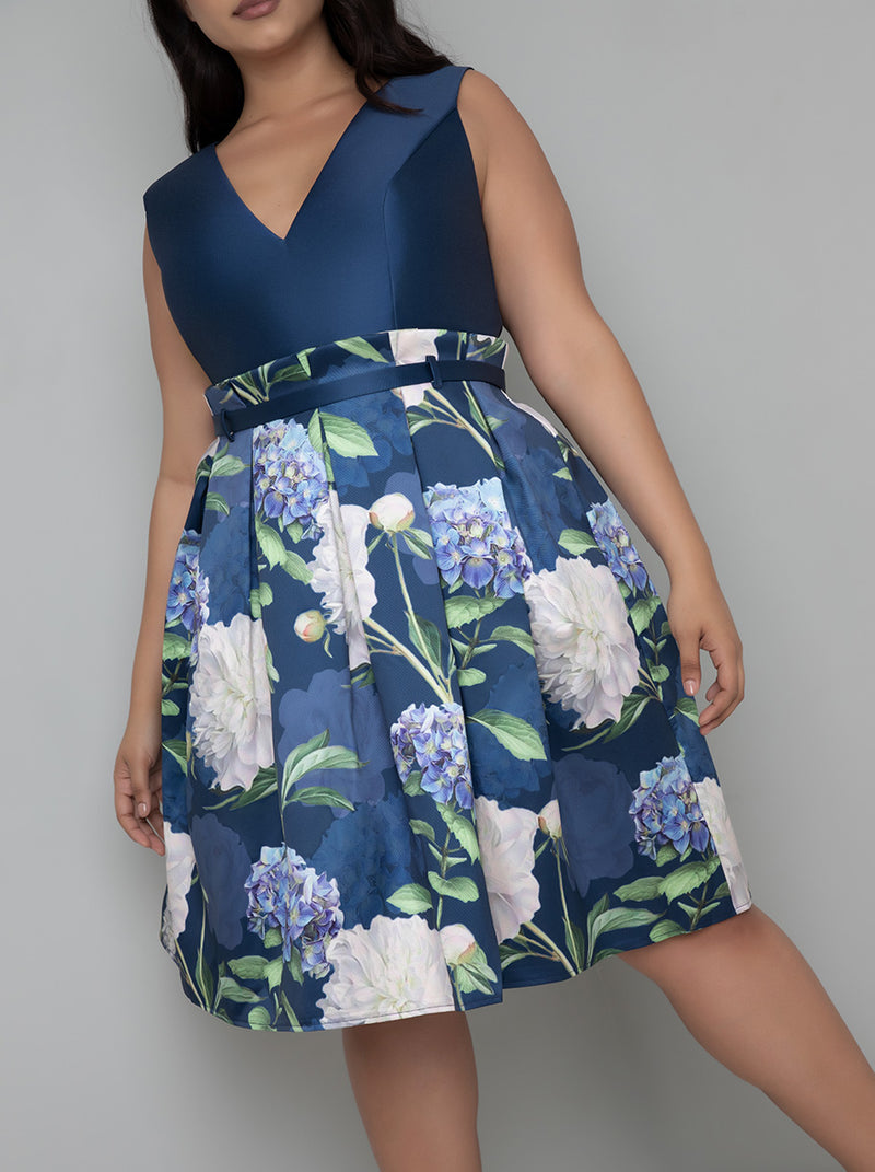 Plus Size V Neck Floral Print Skater Dress in Blue
