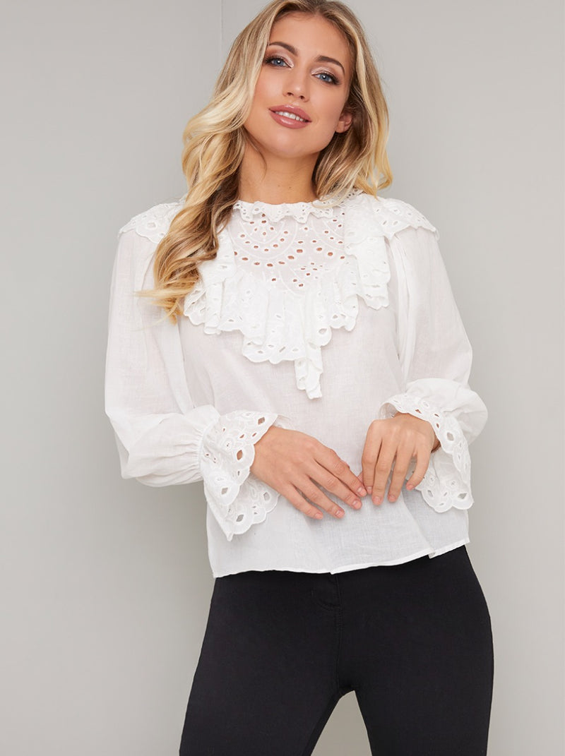 Balloon Sleeved Lace Frill Top in White