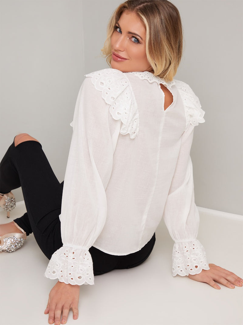 Balloon Sleeved Lace Frill Top in White