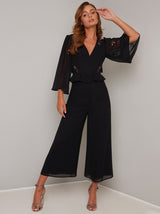 Embroidered Flare Sleeved Crop Jumpsuit in Black
