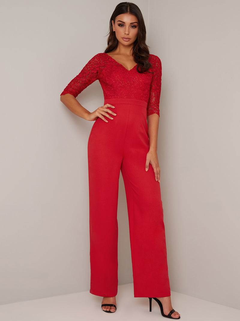 Long Sleeve Lace Bodice Wide Leg Jumpsuit In Red