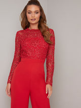 Long Sleeved Lace Bodice Wide Leg Jumpsuit in Red