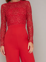 Long Sleeved Lace Bodice Wide Leg Jumpsuit in Red
