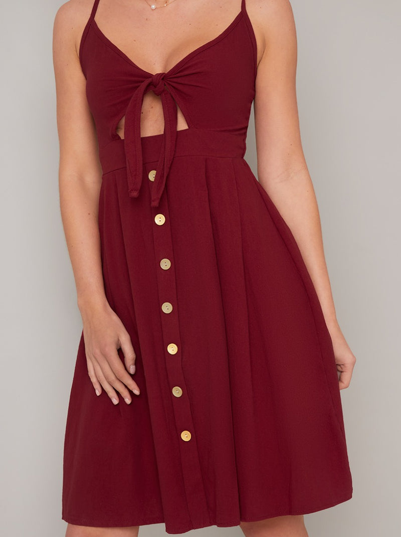 Bodice Midi Day Dress with Button Detailing in Red