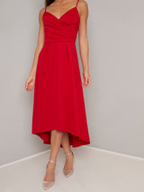 Cami Strap Plain Dip Hem Midi Dress in Red