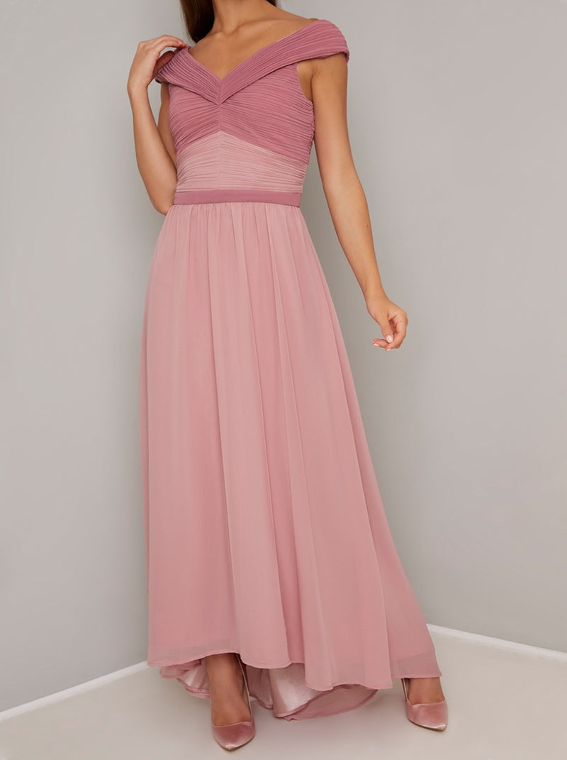Bardot Ruched Detail Maxi Dress in Pink