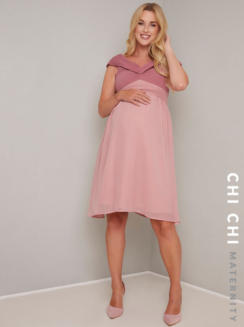 Bardot Chiffon Skirt Midi Maternity Dress in Pink